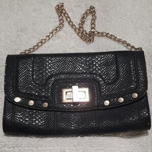Cache Black Textured Clutch with Gold Chain